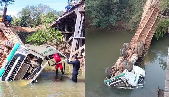 Homem morre em acidente com carreta carregada de gado que caiu de ponte em MT