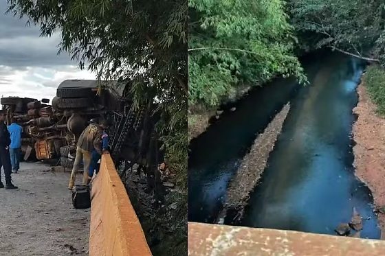 Caminhão com piche tomba em ponte, contamina rio e interrompe abastecimento de água em Colniza